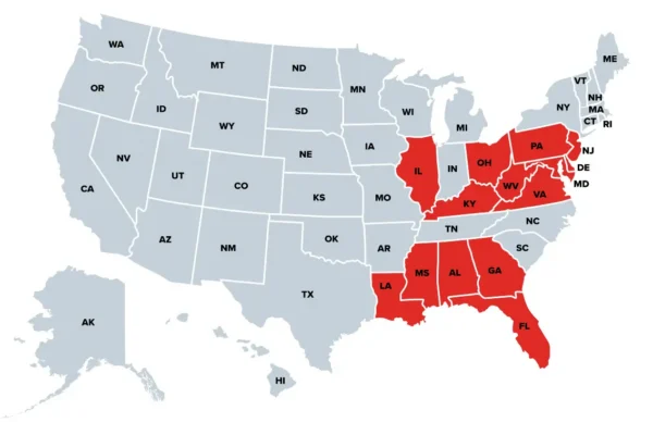 Service area map of locations served by Xceptional Wildlife Removal and Control