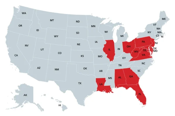 Service area map of locations served by Xceptional Wildlife Removal and Control