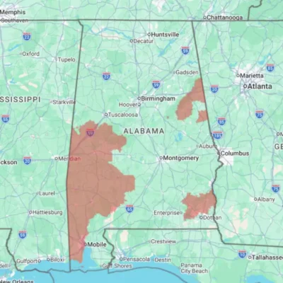 Map of Mississippi state with highlighted sections for the zipcodes which are covered areas by Xceptional Wildlife.