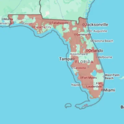 Map of Florida state with highlighted sections for the zip codes which are covered areas by Xceptional Wildlife.