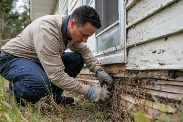Pest technician inspecting the foundation outside of a home