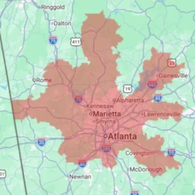 Map of Georgia state with highlighted sections for the zip codes which are covered areas by Xceptional Wildlife.