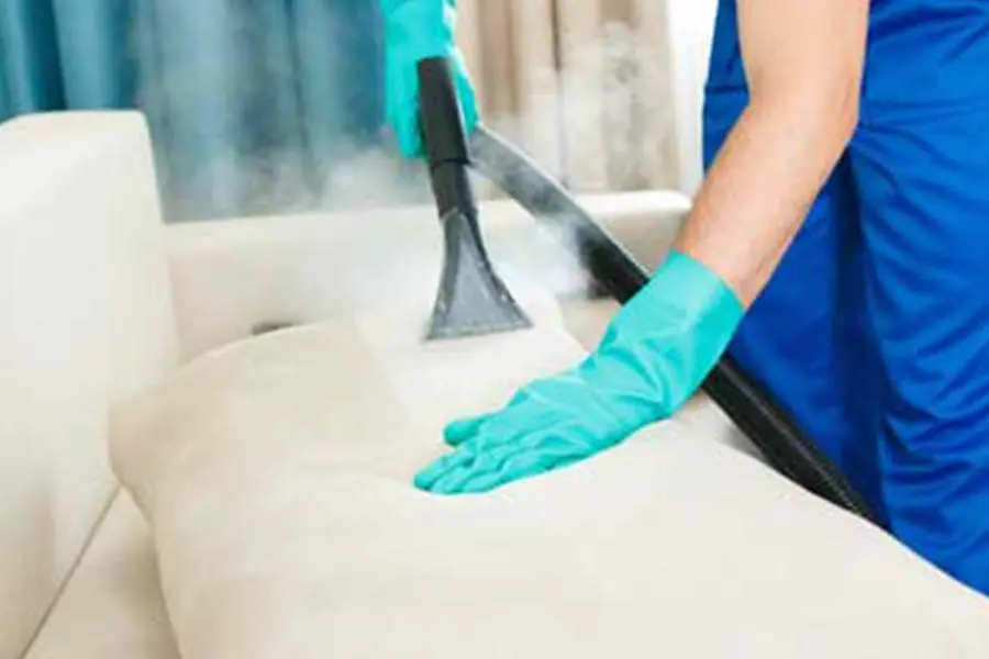 Gloved hands professional steam cleaning couch cushions