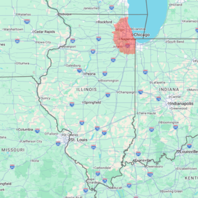 Map of Illinois state with highlighted sections for the zip codes which are covered areas by Xceptional Wildlife.