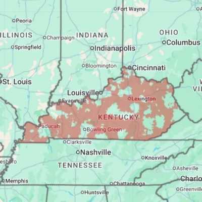 Map of Kentucky state with highlighted sections for the zip codes which are covered areas by Xceptional Wildlife.