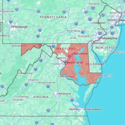 Map of Maryland state with highlighted sections for the zip codes which are covered areas by Xceptional Wildlife.