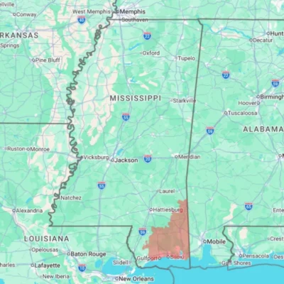 Map of Mississippi state with highlighted sections for the zip codes which are covered areas by Xceptional Wildlife.