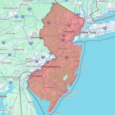 Map of New Jersey state with highlighted sections for the zip codes which are covered areas by Xceptional Wildlife.