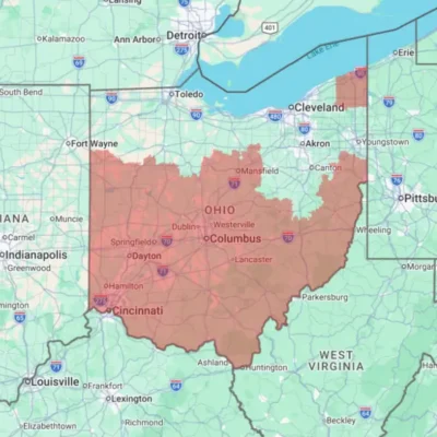 Map of Ohio state with highlighted sections for the zip codes which are covered areas by Xceptional Wildlife.