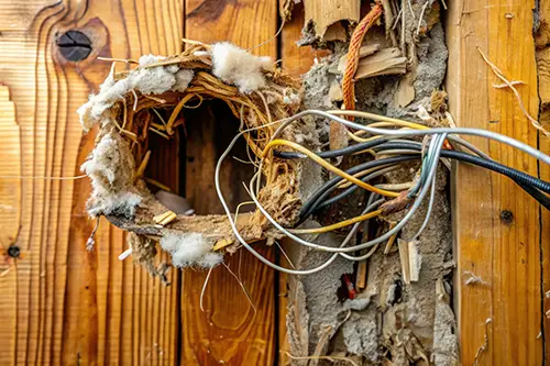 A close up picture of a rodent nest that is surrounded by wires.