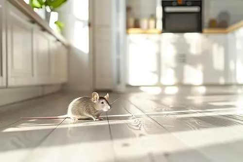 A gray mouse in the middle of a kitchen floor.