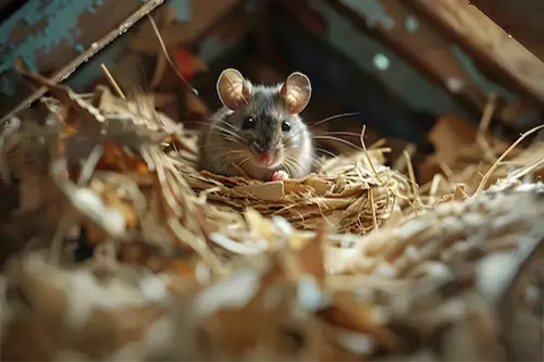 A mouse in an attic surrounded by nesting materials.