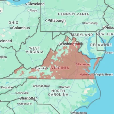 Map of Virginia state with highlighted sections for the zip codes which are covered areas by Xceptional Wildlife.