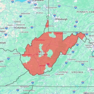 Map of West Virginia state with highlighted sections for the zip codes which are covered areas by Xceptional Wildlife.