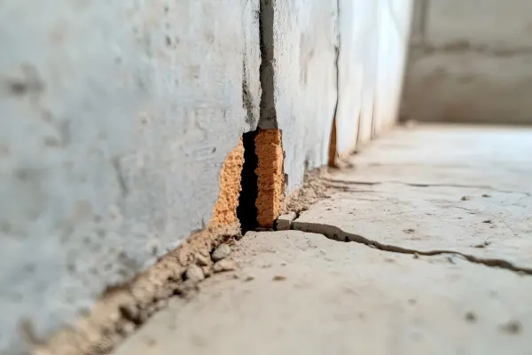 A clay wall with a large hole and visible cracks on the floor.