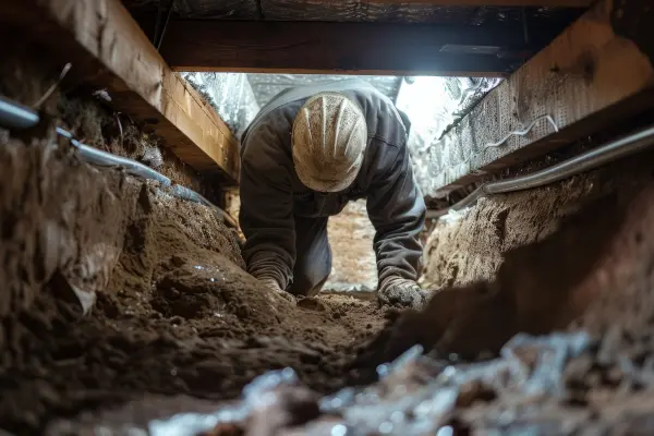 A technician crawling into a crawlspace beneath a home