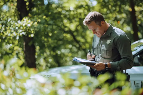 Pest control technician surveying an outdoor area