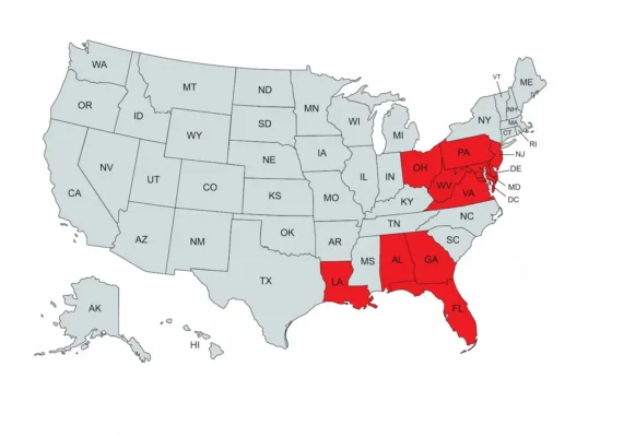 Map of the United States with Xceptional Wildlife Removal service areas highlighted in red